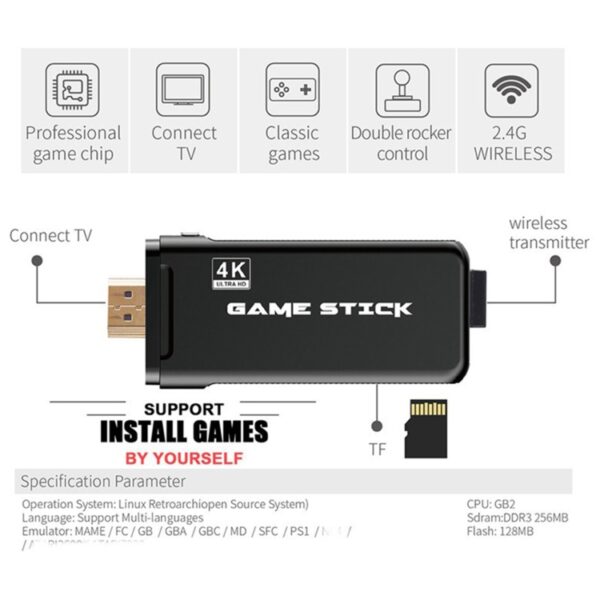 PS3000 64GB 4K Retro Game Stick with 2 Wireless Gamepads 10000+ Games Pre-installed - Image 5